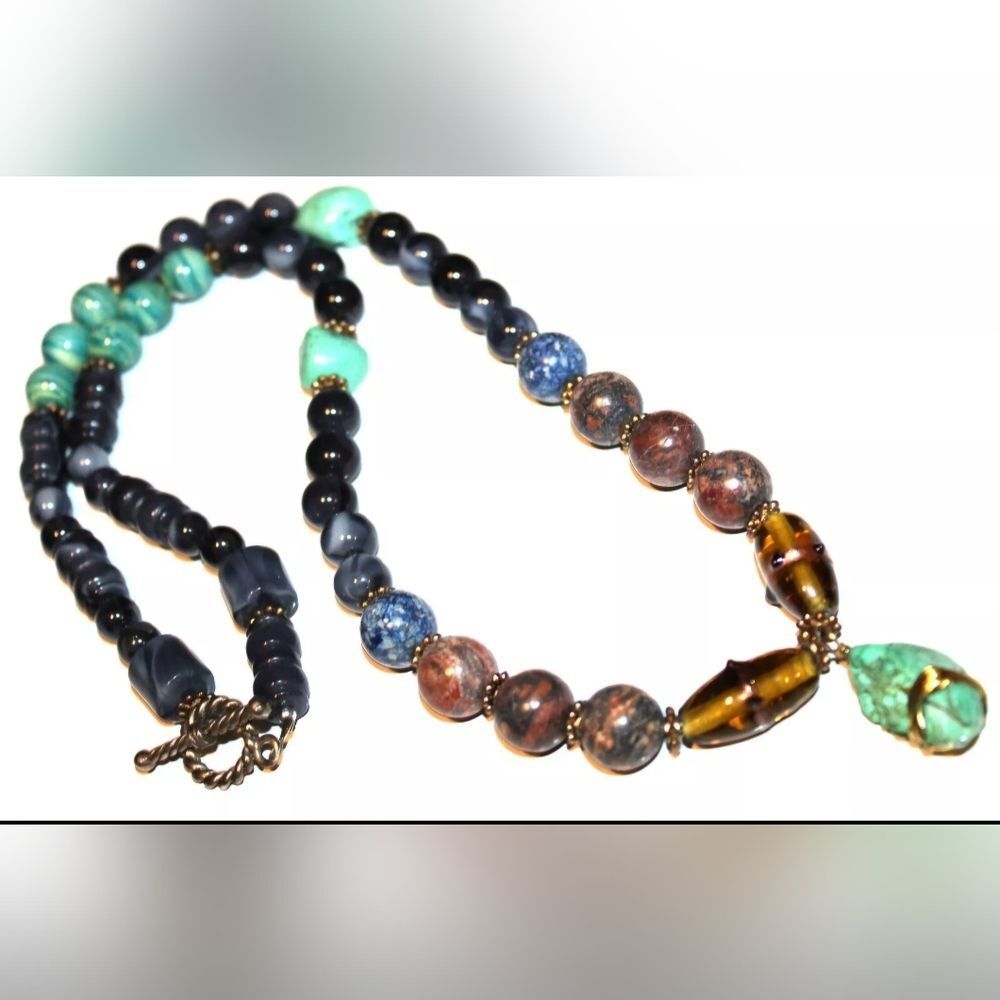 Beautiful Semi Precious Gemstone & Glass Beaded Necklace 24" EUC
